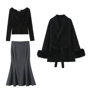 Ensemble élégant jupe queue de poisson grise avec haut et manteau noirs, robe midi moulante en satin pour femme, taille naturelle N9410 - Product Image 1