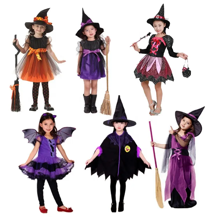 2024 disfraz de bruja de Halloween con sombrero vestido de princesa para niñas vestido de corte púrpura Medieval disfraces de Carnaval de Halloween para niños