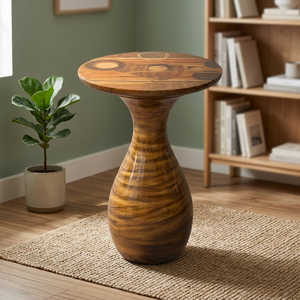 Table basse en bois moderne, design contemporain, fabrication artisanale, meubles de salon, plateau rond, base en bois massif - Product Image 3