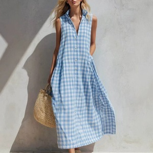 Women Gingham Sleeveless Shirt Maxi <b>Dress</b> Lapel Collar Full Button Front Side Pocket <b>Loose</b> Flowy Vacation <b>Dress</b> OEM Custom - Product Image 2