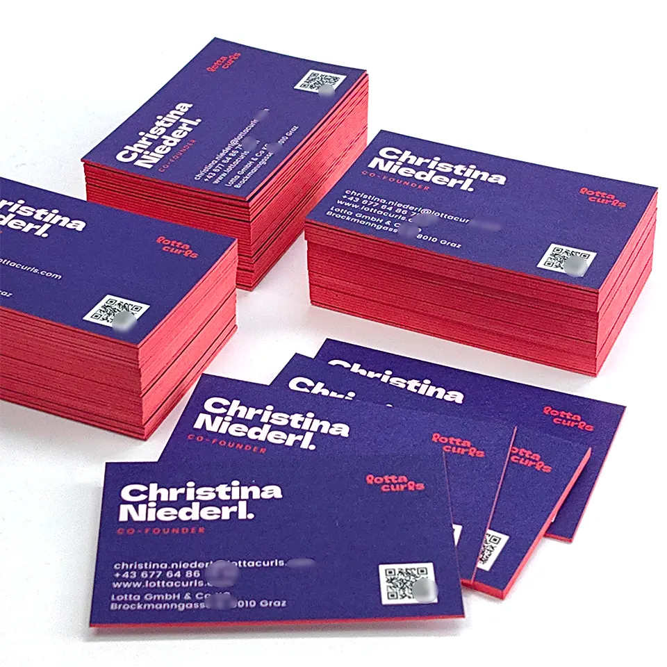 Toptan özelleştirilmiş pamuk kağıt mor kartvizit gül kırmızı kenar özel kağıt ziyaret kartı çift taraflı baskı
