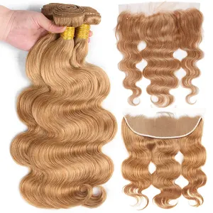 #27 Honey Blonde Bundles With Frontal 13x4 Body Wave Bundles With Frontal 3PCS Colored Human Hair Bundles with Frontal Pre-Pluck