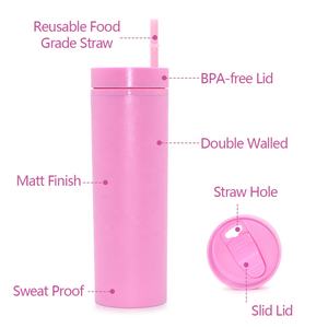 Vasos Plastico双壁亚克力不倒翁可重复使用16盎司<span class=keywords><strong>Pestel</strong></span>哑光瘦升华塑料不倒翁带吸管 - Product Image 4