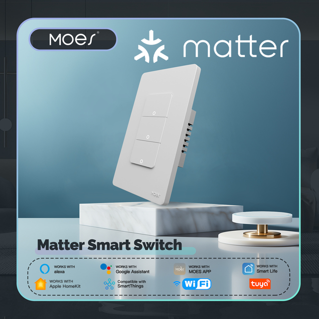 MOES Tuya Matter WiFi Smart Light Button Switch AC Powered App Control Neutral Wire Required Grounding Design Alexa Home