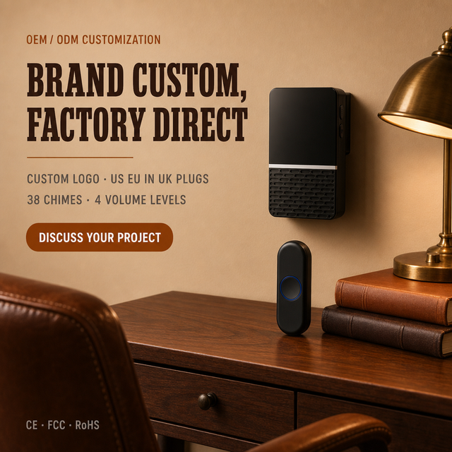 OEM ODM Rechargeable Wireless Doorbell Plastic Custom Button Logo Color Box Manual Brand Design 38 Chimes 4 Volume Levels Easy