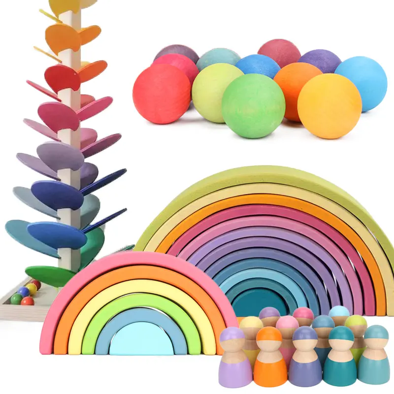 Wooden Rainbow Education Toys Play Stacking Game Learning Toy Geometry Building Blocks Rainbow Stacker Nesting Dolls Puzzletoys