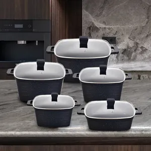 Juego de ollas de cocina cuadradas antiadherentes con recubrimiento de granito negro, 10 unidades, venta al por mayor
