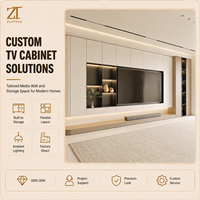 Système mural TV de luxe moderne style crème avec panneau d'extrémité incurvé radial et niche LED intégrée pour la décoration du salon de grande villa
