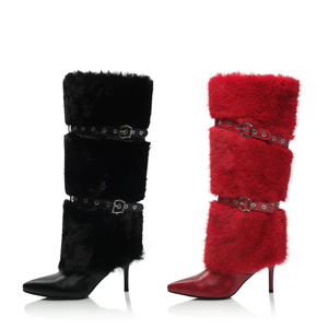 Nouvelles Bottes <span class=keywords><strong>Femme</strong></span> Hiver-Été au-dessus du Genou, Fermeture Éclair, <span class=keywords><strong>Talon</strong></span> Aiguille Super Haut, Dessus en Fourrure Moelleuse, Bout Pointu, Tendance - Product Image 5