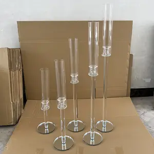 MH-TZ0587 Hand Blown Tall Glass Tube Candle Holder Centerpiece Crystal Candlestick Holder