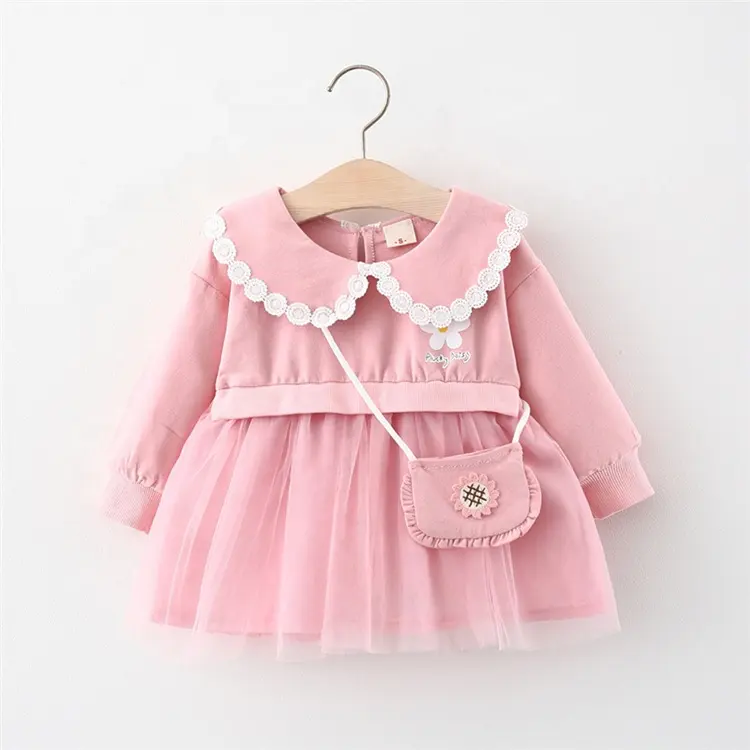 Lace Flower Infant Baby Girls Dresses Spring Girls Autumn Dress Long Sleeve Casual Dresses With Handbag