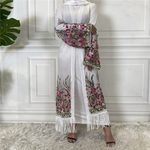 1904# New Fashion Mesh Floral Embroidery Open Islamic Clothing Coat Women Muslim <b>Eid</b> Abaya <b>Dresses</b> - Product Image 5