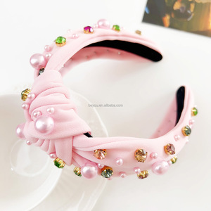 Fascia <span class=keywords><strong>rosa</strong></span> e verde da donna con nodo a forma <span class=keywords><strong>di</strong></span> perla e strass decorata alla moda regalo per feste quotidiane - Product Image 4