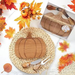 Pumpkin Shaped Wooden <b>Cheese</b> Board With <b>Knife</b> And Fork <b>Set</b> For Autumn Thanksgiving Party Decoration - Product Image 1