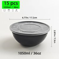 Boîtes à lunch jetables noires pour la préparation de repas Bento, boîtes à lunch en plastique micro-ondable pour le stockage de nouilles à emporter, 1050ml 36oz, 15 pièces