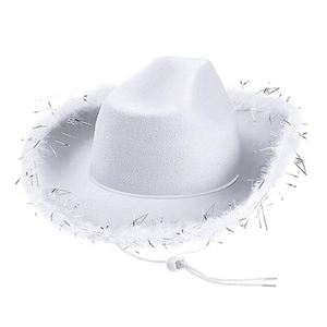 Sombrero Vaquero de Cuero Rosa 2023, Estilo Occidental Enrollado para Mujer, Casual, para las Cuatro Estaciones, con Borde de Plumas - Product Image 3