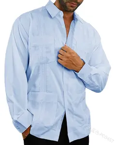 Plus Size Men's Long Sleeve Casual Button Down Cuban Mexican Guayabera Shirts Beach Wedding Shirt With 4 Pockets