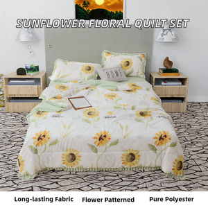 Parure de lit quatre pièces en fibre de polyester 100 % motif tournesol simple, draps imprimés floraux verts pour chambre à coucher - Product Image 3
