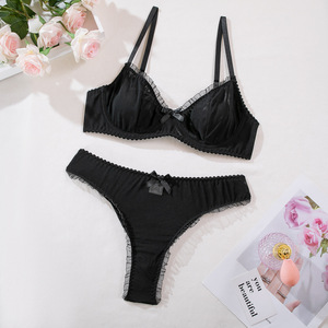 Conjunto de lencería sexy negro con volantes, lazo, encaje, aros y push-up, sujetador y tanga transparentes y transpirables de 2 piezas para mujer - Product Image 5