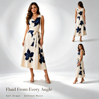 Robe midi à imprimé floral pour femmes, sans manches, col bénitier, ceinture à la taille, robe de soirée élégante