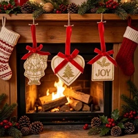 Juego de 3 Adornos Navideños Rústicos de Madera, Santa, Corazón, JOY, con Brillantina, Decoración Colgante para Árbol, Regalo, 6 cm