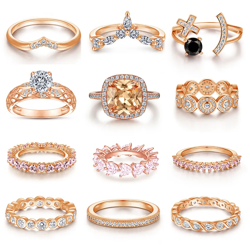 Tonglin conjunto de anel de noiva, anel clássico para meninas, rosa, dourado, prata 925, zircônia cúbica, empilhável