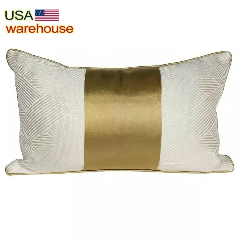 Sarung Bantal Sofa 12X20 Inci, Sarung Bantal Lempar Pinggang Modern Mewah Berkilau Emas Tambal Sulam Geometris Putih Perak Abu-abu Putih