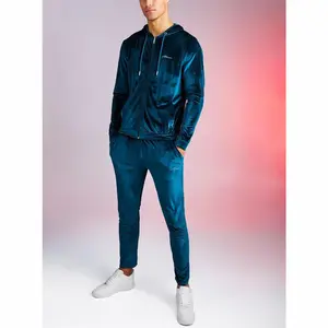 custom print plain sport wear slim fit velour full zip up hoodie jogger set velvet tracksuit men