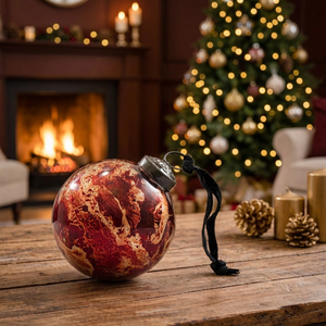 Ornement de Noël vintage en verre rouge et or, rustique, rond, texturé, à suspendre, décoration d'arbre d'intérieur - Product Image 2