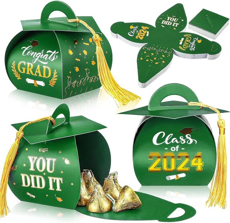 Custom Ferrero scatole di carta arte cioccolato laurea caramelle scatole di carta verde con frangia oro pieghevole scatola regalo di carta