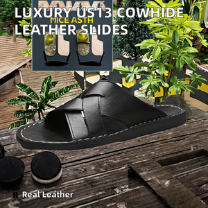 รองเท้าแตะแฟชั่นผู้ชายสุดหรูสำหรับฤดูร้อน หนังวัวแท้แบบสั่งทำพิเศษ ดีไซน์ลายสาน พื้นรองเท้า EVA ไซส์ใหญ่ US13 สินค้าขายดี - Product Image 2
