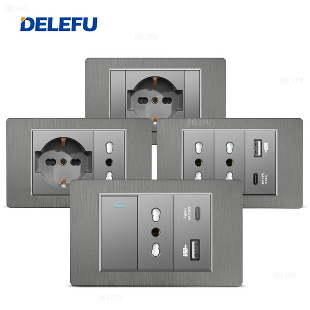 DELEFU Grey Retardant PC Brushed Panel Italy Standard Type C EU Outlet Plug Wall Socket Light Switch Chile