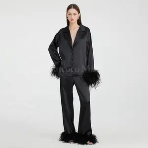 Pijama de seda negra de alta calidad para mujer, ropa de dormir con plumas de avestruz