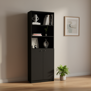 Libreria Nera a 2 Ante con 3 Ripiani, Design Moderno e Minimalista, Mobile da Soggiorno in MDF, Armadio Autoportante - Product Image 2