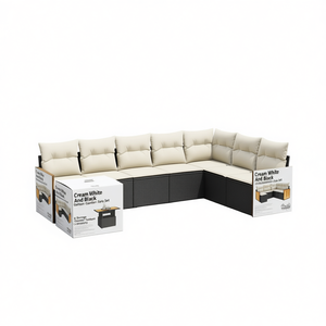 Ensemble de salon de jardin en rotin blanc crème et noir, 6 places, avec rangement, mobilier d'extérieur, design contemporain - Product Image 1