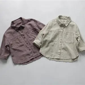 2021 Fall Baby Children Boy Beige Purple Turn Down Collar Linen Long Sleeved Pocket Blouse 1-6T