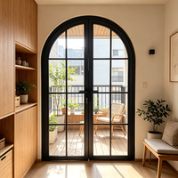 Puerta de Vidrio de Doble Hoja Arqueada de Estilo Retro con Marco de Hierro, Puerta de Vidrio de Acero Galvanizado, Diseño Personalizado, Puerta de Vidrio Francesa