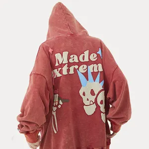 Groothandel Volledige Casual Raw Hem Hooded Trui Borduren Logo Custom Gewassen 3d Bladerdeeg Print Hoodie