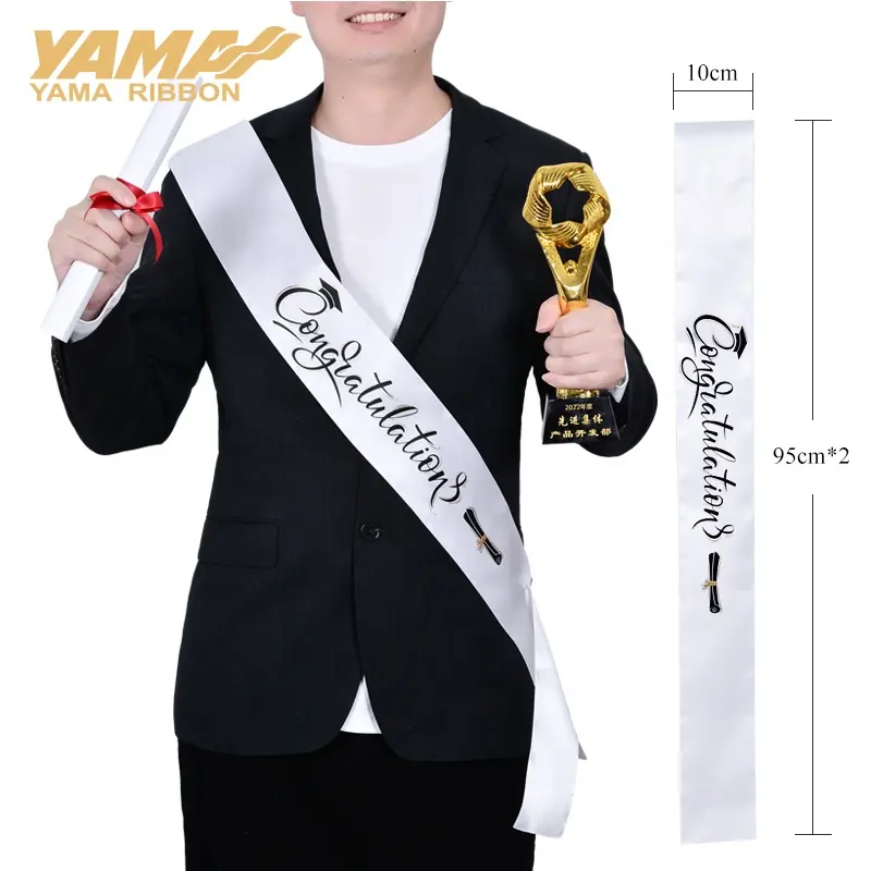 Yama cinta fábrica lujo personalizado estándar 10X190cm blanco felicitaciones faja cinta para graduación