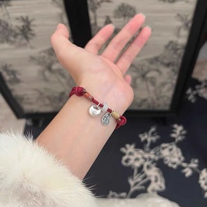 Pulsera de plata pura con forma de luna y perla, versión con cuerda roja y negra, regalo para parejas, joyería unisex - Product Image 4