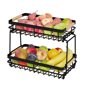 Cesta de frutas de 2 niveles, soporte de metal para frutas, carrito de almacenamiento para cocina, organizador de verduras con asa de bambú, estante para encimera - Product Image 1