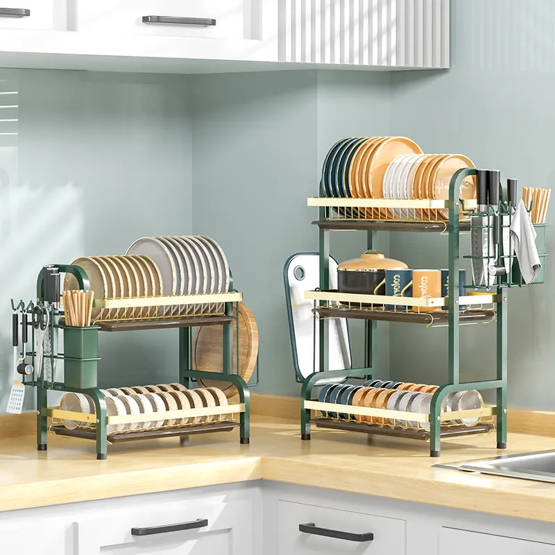 2021 New Rustproof Green Stainless Steel Kitchen Dish Rack 2 Or 3Tiers Multi-purpose Dish Rack