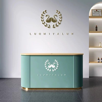 Bureau de réception moderne minimaliste en bois courbé rose avec éclairage LED, design écologique pour bureau, hôtel, école, hôpital, salon de beauté