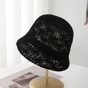 New Solid Color Simple Jacquard Knitted Hollow Out Bucket Hat Women Summer Breathable Sunshade <b>Sunscreen</b> Sun Hat - Product Image 5
