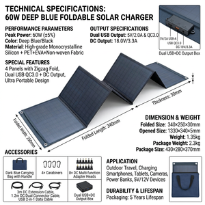 <span class=keywords><strong>60W</strong></span> Tragbares 6-fach Faltbares Monokristallines Solarmodul Wasserdichtes QC3.0 Ladegerät für Outdoor Camping RV 5V-72V Geräte - Product Image 6