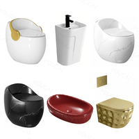 Toilette suspendue au mur doré marbre oeuf noir toilette rouge lavabo évier petite salle de bain toilette cuvette