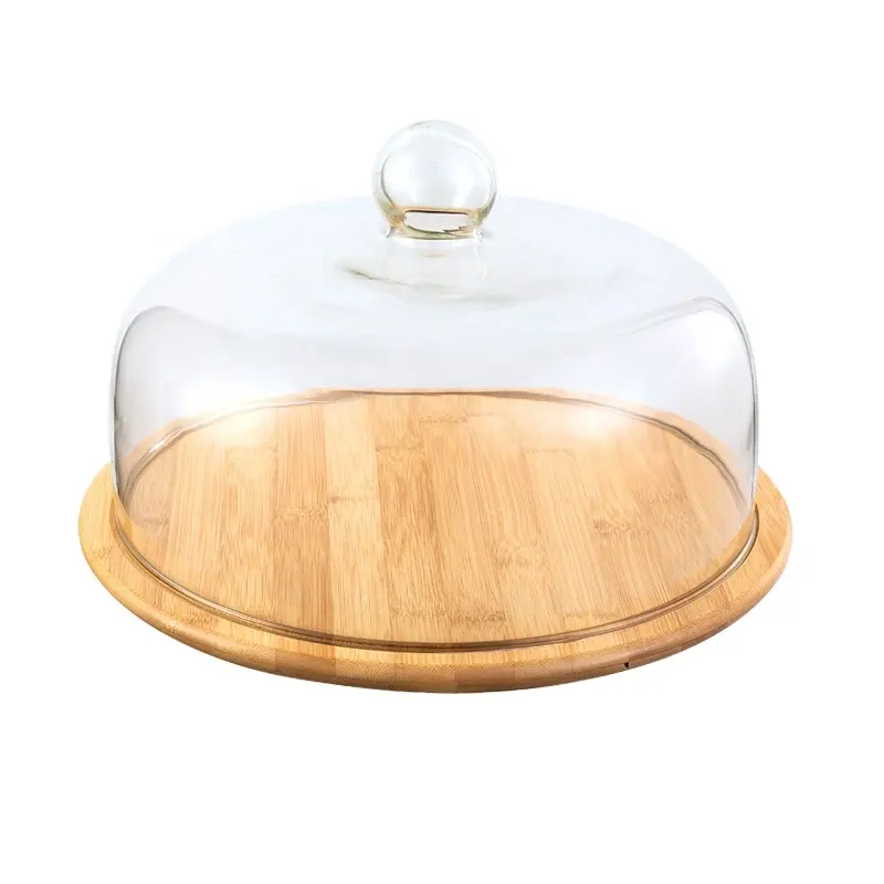Modern Bamboo Cake Serving Plate Cake Serving Plate Dessert Table with Glass Cover and Bamboo Tray for Kitchen and Canteen