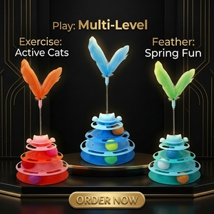 <span class=keywords><strong>Tour</strong></span> de jeu pour chat à quatre niveaux avec ressort interactif et interactivité apaisante - Jouet rotatif d'intérieur en PP pour chat - Product Image 6