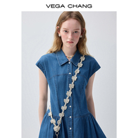 Robe chemise en jean bleu VEGA CHANG pour femme avec col et manches courtes boutonnées, robe mini décontractée