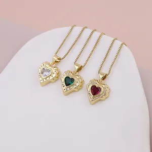 Minimalist gold plated multi color cubic zirconia tiny heart pendant necklace girls women fashion jewelry